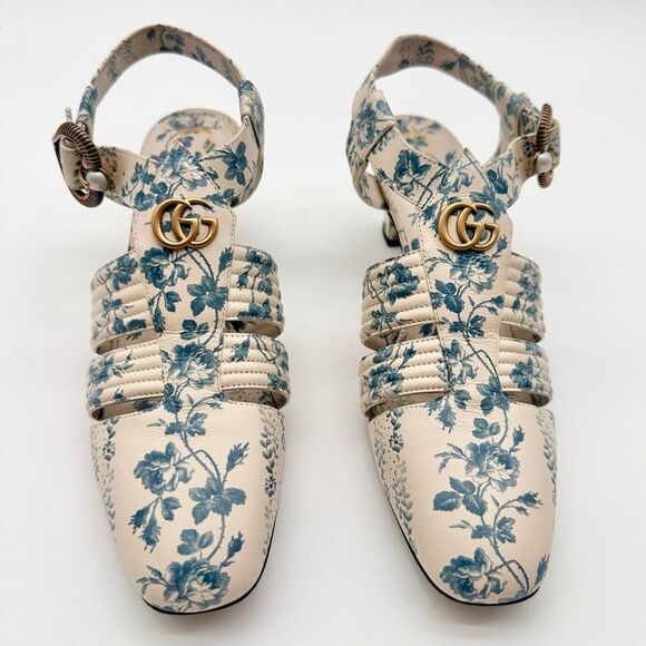 Gucci Gea GG Mid Heel Buds/Floral Blue Leather T-Strap  Sandal Pump EU37.5 US7.5 - Picture 11 of 13